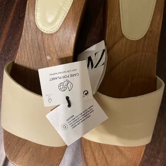 ZARA Wood Ivory Leather Platform Slides Chunky Wedge Heel Womens 38 EU 7.5 US - Picture 5 of 6